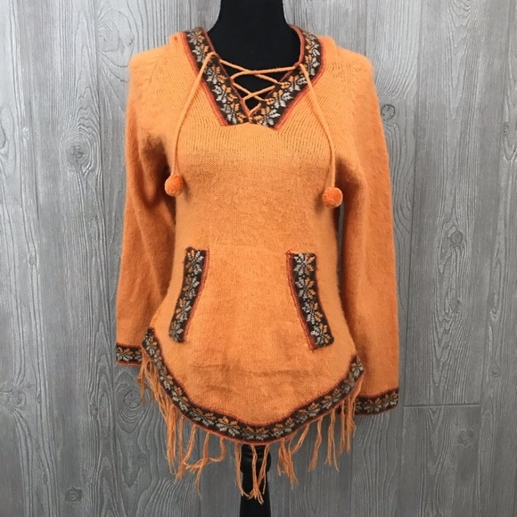 milmas craft Sweaters - Alpaca wool sweater w/ fringe & hood fits a small